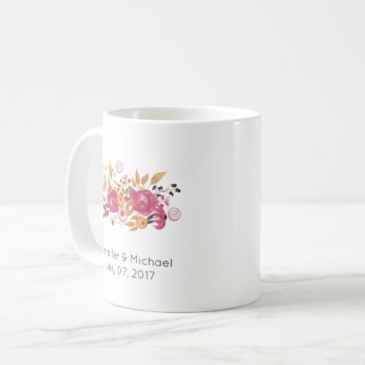 ピンクとオレンジの花の花束結婚の コーヒーマグカップ (正面左)