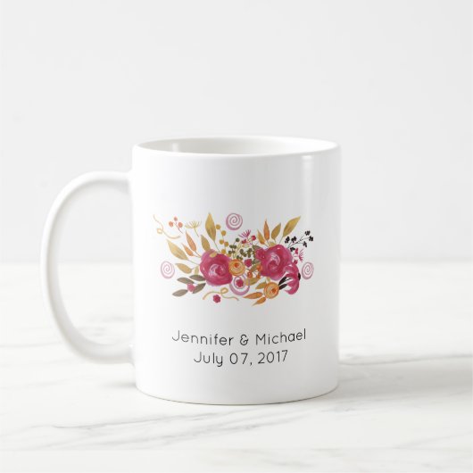 ピンクとオレンジの花の花束結婚の コーヒーマグカップ (左)