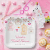 ピンクとオレンジの花の鳥かご ブライダルシャワー ペーパープレート (パーティー)