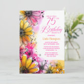 ピンクとオレンジの花の75歳の誕生日パーティー 招待状 (スタンド正面)