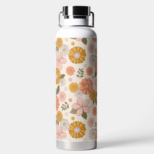 ピンクとオレンジの花園のパターン ウォーターボトル (背面)