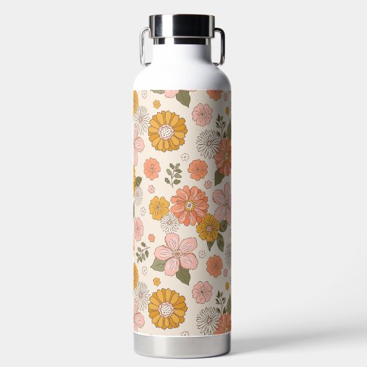ピンクとオレンジの花園のパターン ウォーターボトル (正面)