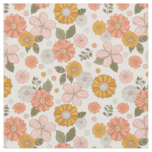 ピンクとオレンジの花園のパターン ファブリック (クローズアップ)
