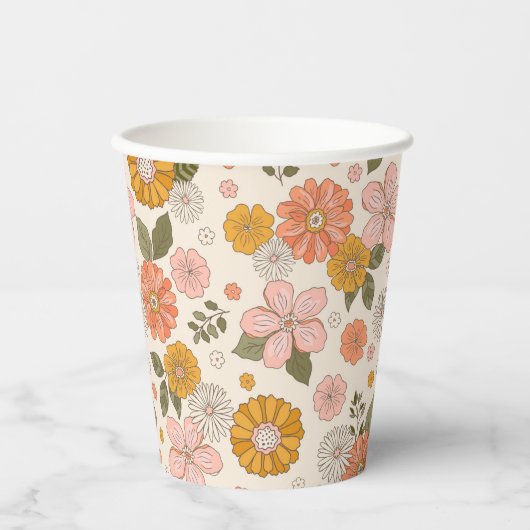 ピンクとオレンジの花園のパターン 紙コップ (正面)