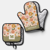 ピンクとオレンジの花園のパターン 鍋つかみ&鍋敷きセット (正面/裏面)