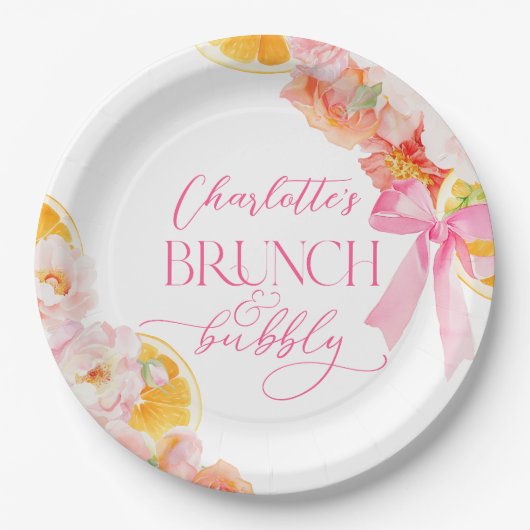 ピンクとオレンジの花柄のブライズシャワー ペーパープレート (正面)