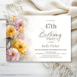ピンクとオレンジの花柄の誕生日パーティー 招待状