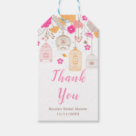 ピンクとオレンジの花柄の鳥かご ブライダルシャワー ギフトタグ