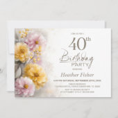 ピンクとオレンジの花柄の40歳の誕生日パーティー 招待状 (正面)