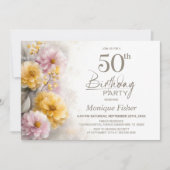 ピンクとオレンジの花柄の50歳の誕生日パーティー 招待状 (正面)