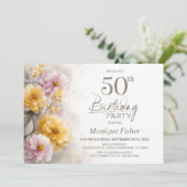 ピンクとオレンジの花柄の50歳の誕生日パーティー 招待状 (スタンド正面)