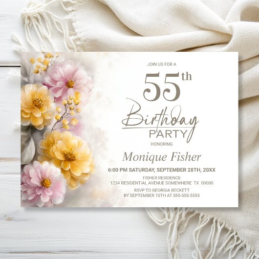 ピンクとオレンジの花柄の55歳の誕生日パーティー 招待状