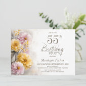 ピンクとオレンジの花柄の55歳の誕生日パーティー 招待状 (スタンド正面)