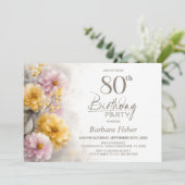 ピンクとオレンジの花柄の80歳の誕生日パーティー 招待状 (スタンド正面)