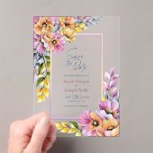 ピンクとオレンジの花柄セイヴ・ザ・デート アクリル招待状 (インサイチュ (ポータブル))