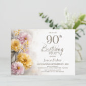 ピンクとオレンジの花柄 90歳の誕生日パーティー 招待状 (スタンド正面)
