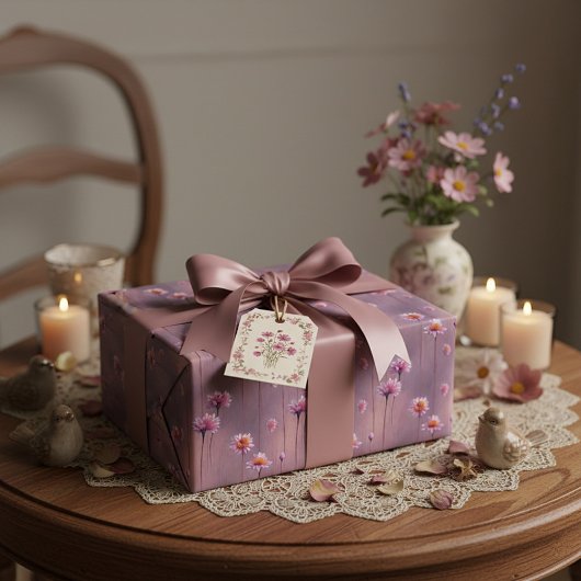 ピンクとオレンジの花模様 ラッピングペーパー