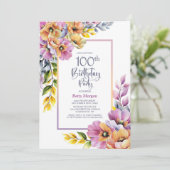 ピンクとオレンジの華やかな花柄の100歳の誕生日パーティー 招待状 (スタンド正面)