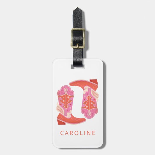 ピンクとオレンジの西カウボーイブーツパーソナライズされた ラゲッジタグ (正面縦)
