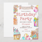 ピンクとオレンジの誕生日招待状 招待状 (正面/裏面)