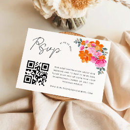 ピンクとオレンジの鮮やかな花のQRコード招待返信カード エンクロージャーカード