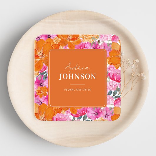 ピンクとオレンジの鮮やか水彩夏のフローラ スクエア名刺