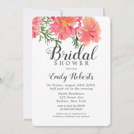 ピンクとオレンジウォーターカラーダリアブライダルシャワー 招待状 (正面)