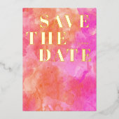 ピンクとオレンジモダンの結婚式の日付を保存 箔招待状 (正面)