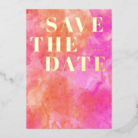 ピンクとオレンジモダンの結婚式の日付を保存 箔招待状 (正面)