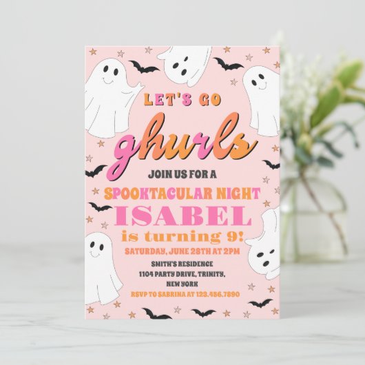 ピンクとオレンジレッツゴーグルハロウィーン誕生日 招待状 (スタンド正面)