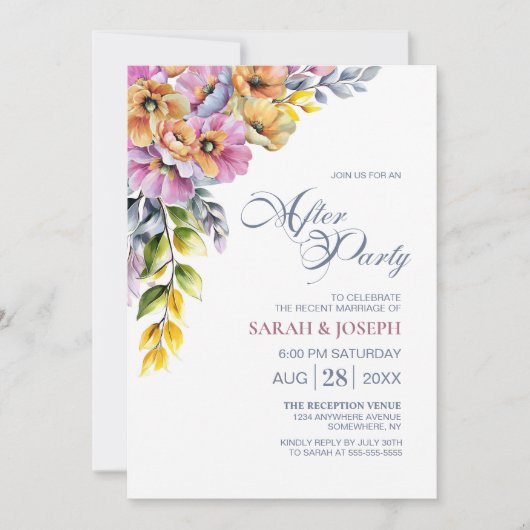 ピンクとオレンジ結婚のフローラのパーティー 招待状 (正面)