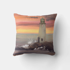 ピンクとオレンジ色の空を持つ海岸灯台 クッション