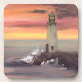 ピンクとオレンジ色の空を持つ海岸灯台 コースター (正面)