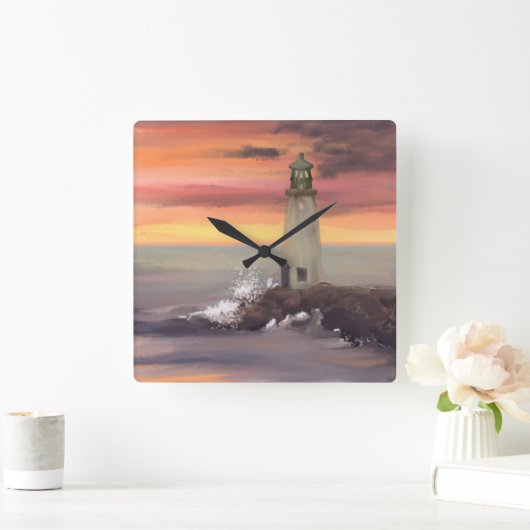 ピンクとオレンジ色の空を持つ海岸灯台 スクエア壁時計 (ホーム)