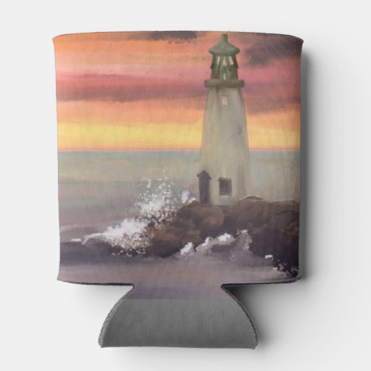 ピンクとオレンジ色の空を持つ海岸灯台 缶クーラー (裏面)