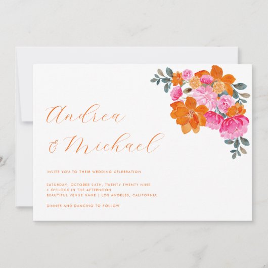 ピンクとオレンジ鮮やかのフローラQRコードフォト結婚ズ 招待状 (正面)