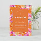 ピンクとオレンジ鮮やかの夏の庭クロスバプテスマ 招待状 (スタンド正面)