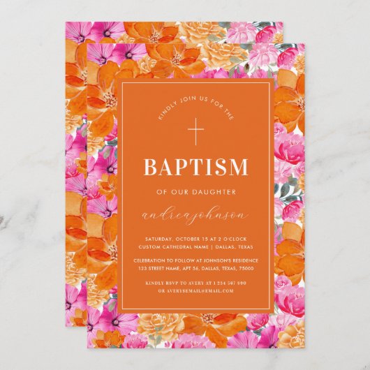 ピンクとオレンジ鮮やかの夏の庭クロスバプテスマ 招待状 (正面/裏面)