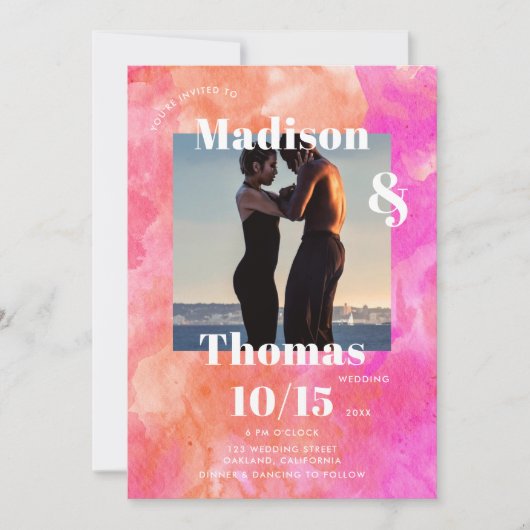 ピンクとオレンジ1フォトミニマはっきりしたリスト結婚ズ 招待状 (正面)