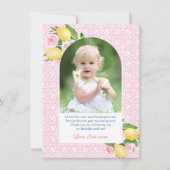 ピンクとガーリー柑橘類レモンの誕生日パーティーの写真 サンキューカード (正面)