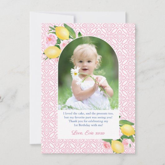 ピンクとガーリー柑橘類レモンの誕生日パーティーの写真 サンキューカード (正面)