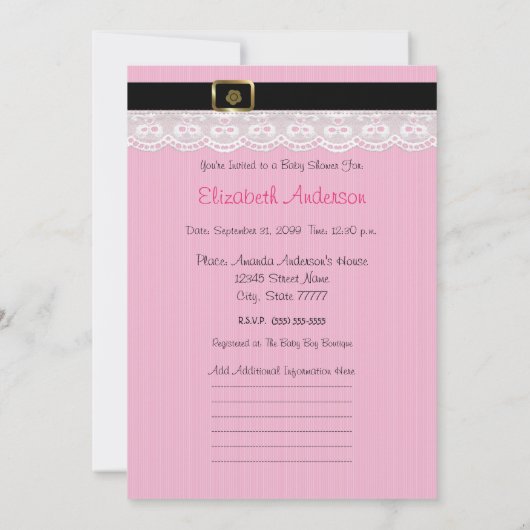 ピンクとガーリー黒のベビーシューズ赤ちゃんシャワー 招待状 (裏面)