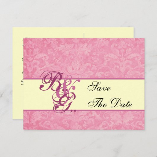 ピンクとクリームのダマスク救の日付 案内ポストカード (正面/裏面)
