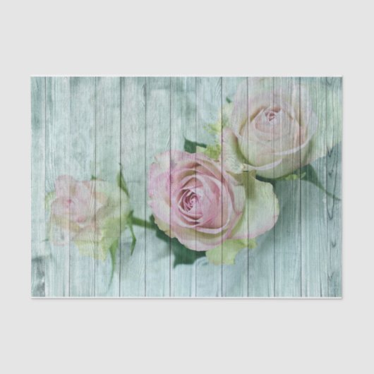 ピンクとクリームのバラオンティール（緑がかった色）ウッドプランク 薄葉紙 (正面)