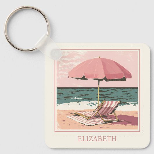 ピンクとクリームのビーチ椅子と傘 キーホルダー (正面)