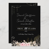 ピンクとクリームのフローラブラックウェディング招待 招待状 (正面/裏面)