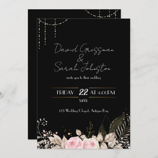 ピンクとクリームのフローラブラックウェディング招待 招待状 (正面/裏面)