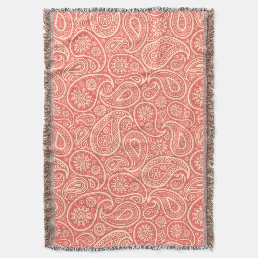 ピンクとクリームのヴィンテージペイズリーパターン スローブランケット (正面縦)