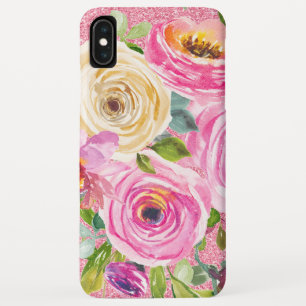 ピンクとクリームの水彩バラとピンクのラメ iPhone XS MAXケース