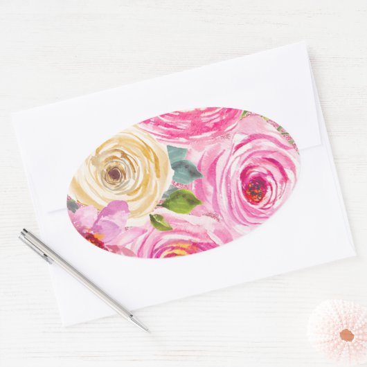 ピンクとクリームの水彩ローズ - ピンクのグリッター 楕円形シール (封筒)